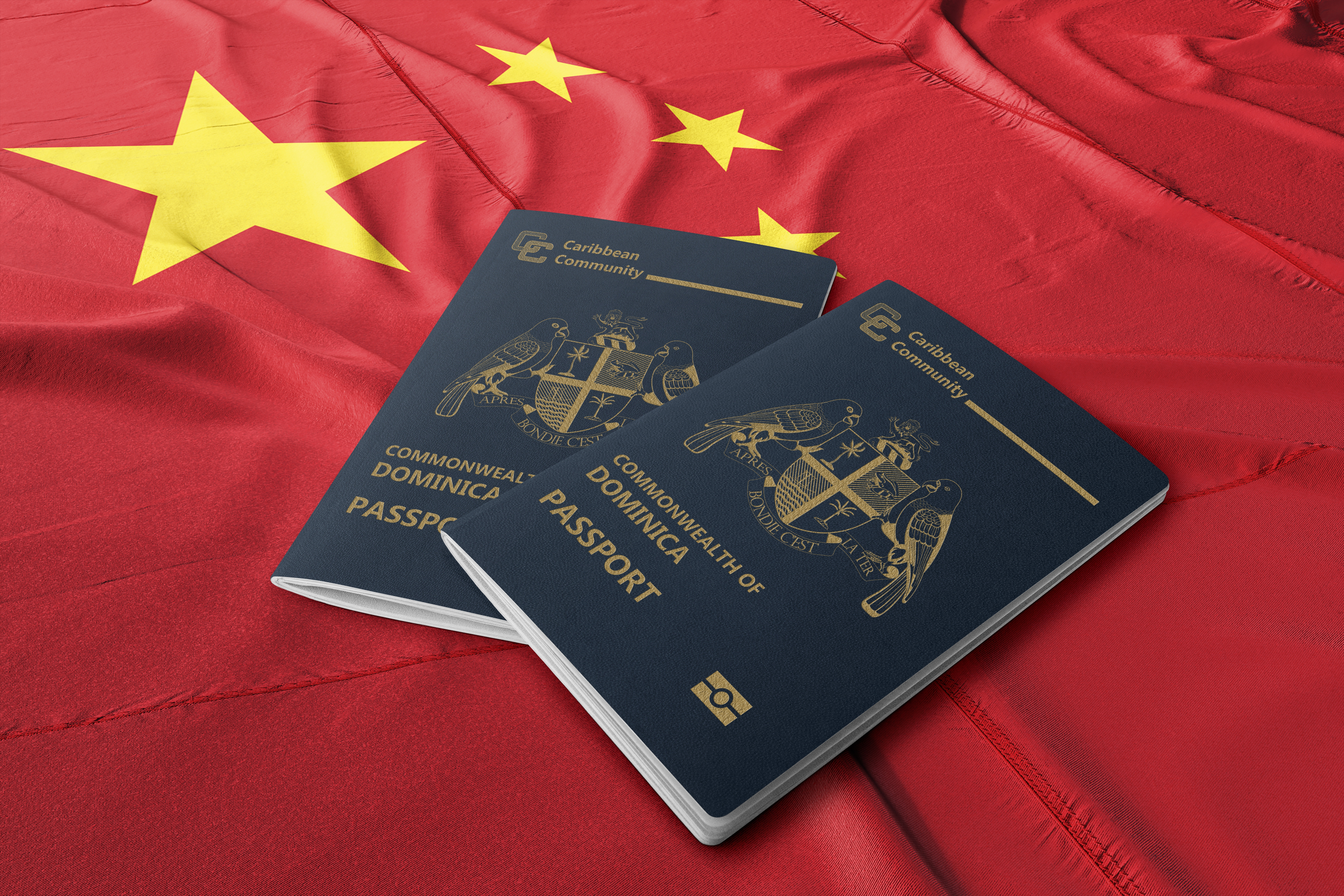 Dominica's passports on the flag of China symbolize the signed visa-free agreement