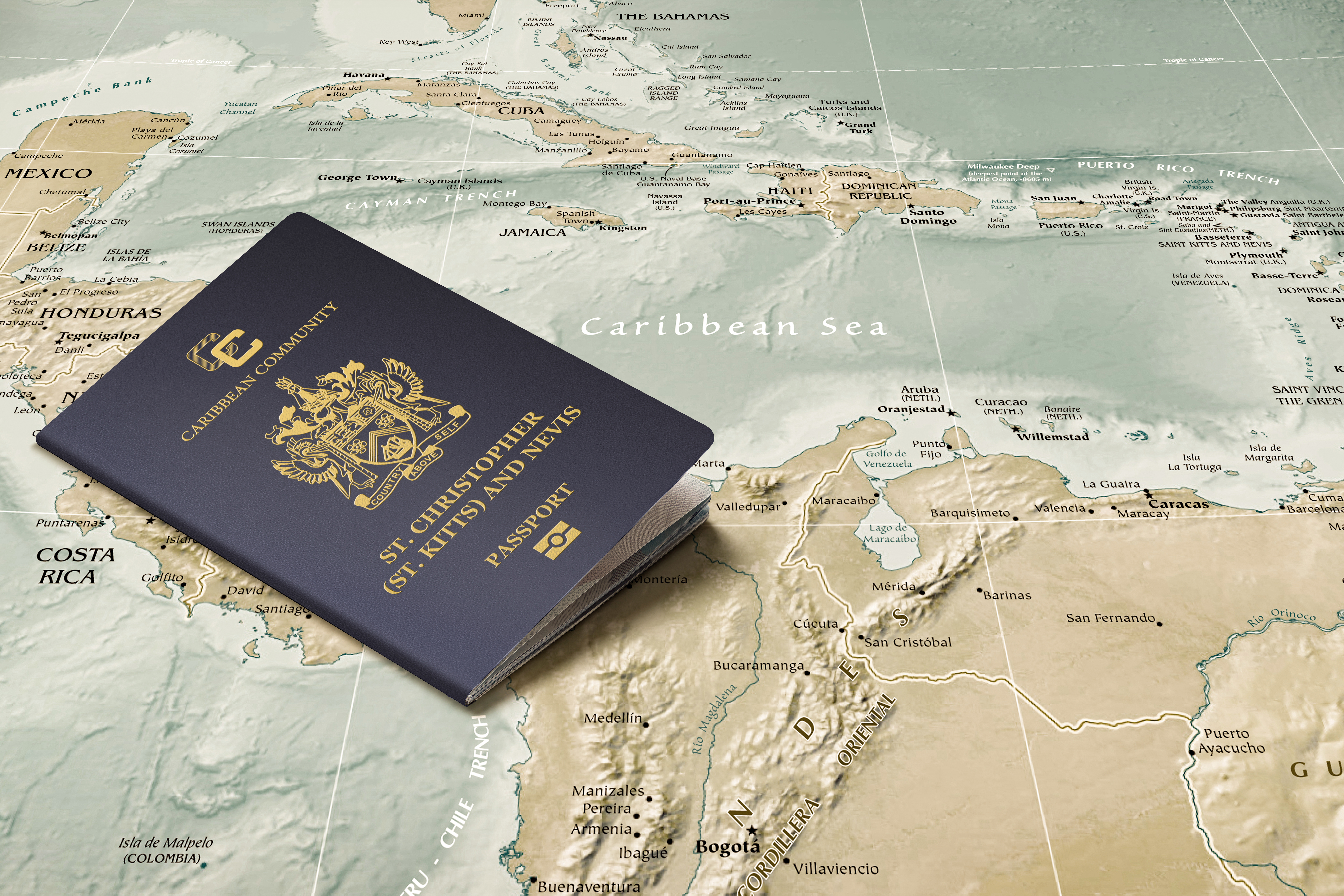 Saint Kitts and Nevis passport on the map, which was recognized as the strongest in the Caribbean