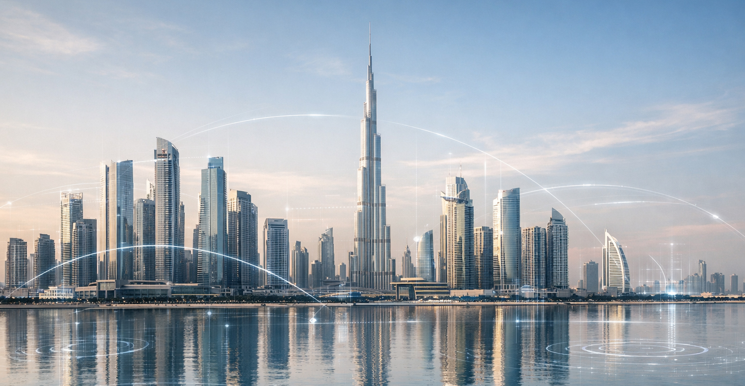 горизонт Дубая с Бурдж-Халифой и цифровыми сетевыми дугами над набережной, отражающими развитие на основе данных